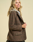 Brown Checkered Pattern Hoodie Blazer