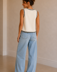 Ivory & Black Embroidered Sleeveless Knitted Vest Top - TK-4882-H