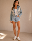 Light Wash Fringed Cropped Denim Jacket