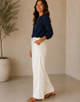 Off White Lightweight Drawstring Wide Leg