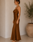 Camel Etta Satin Cross Back Maxi Dress