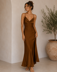Camel Etta Satin Cross Back Maxi Dress