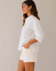 White Eyelet Lace Panel Button Blouse
