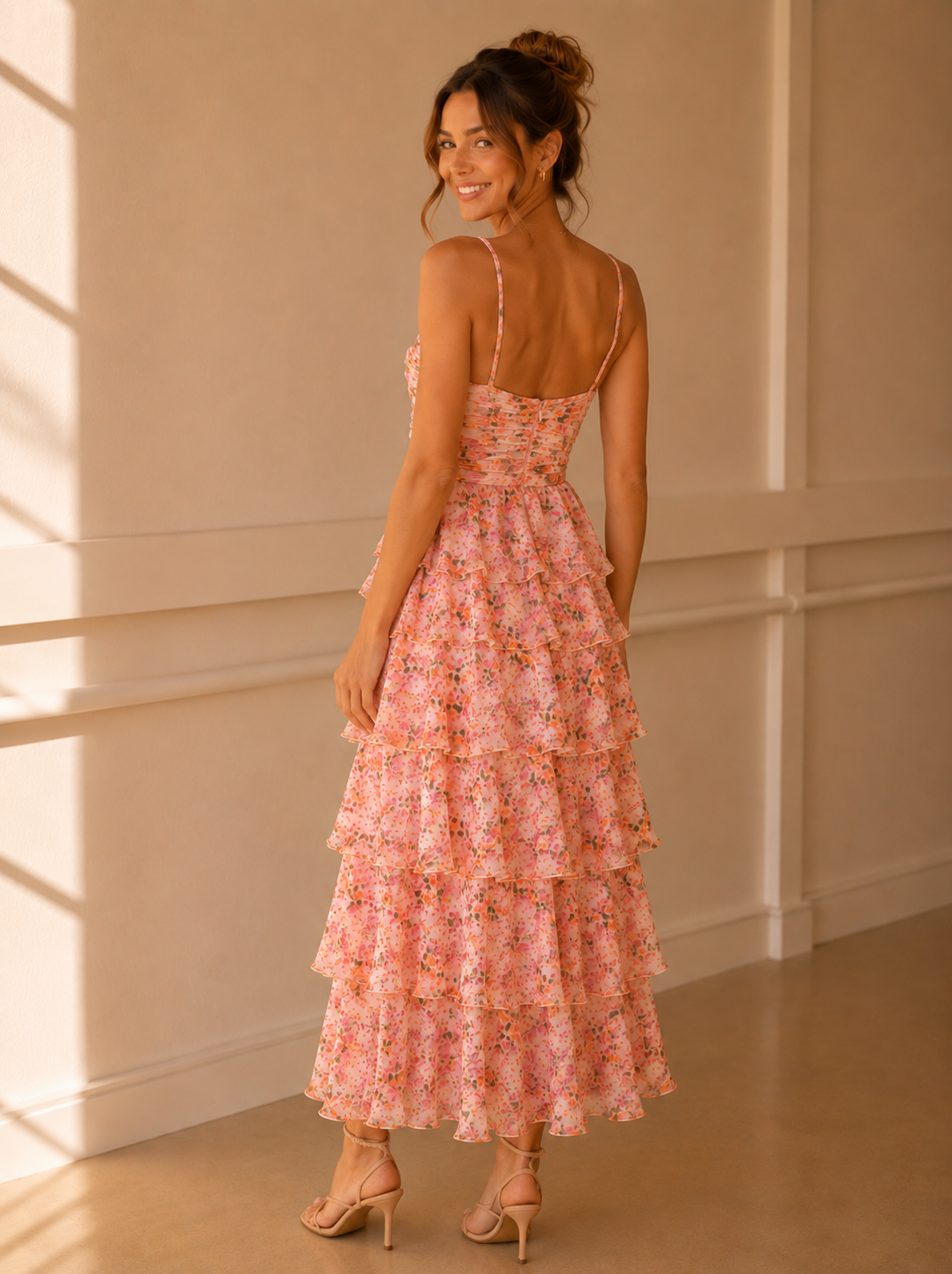 orange and pink floral bridesmaid dress Cotton Blush Pink Floral Midi Sundress with Pockets Blush Pink / Small