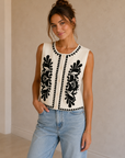 Ivory & Black Embroidered Sleeveless Knitted Vest Top - TK-4882-H