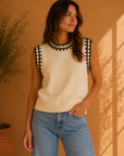 Cream & Black Embroidered Sleeveless Knit Tank Top