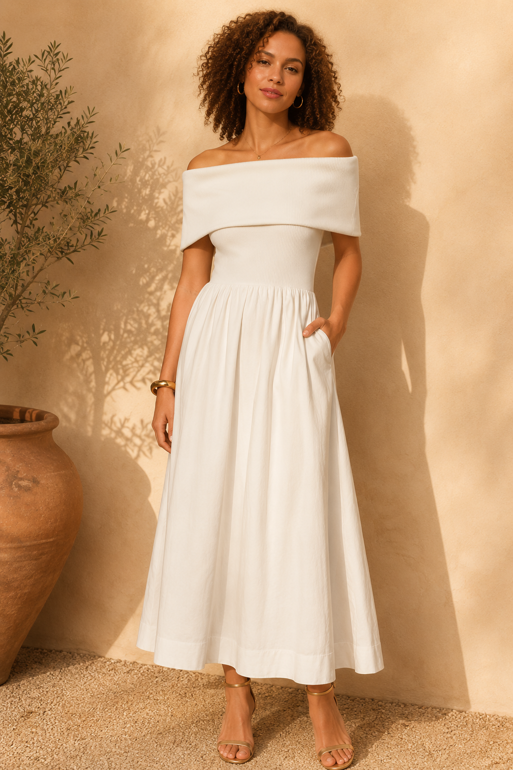 White Marjorie Off Shoulder Midi Dress White Marjorie Off Shoulder Midi Dress
