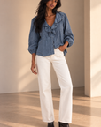 Ruffled Collar Chambray Top