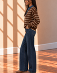 Brown Denim Collar Striped Long Sleeve Sweater