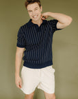 Navy & Sand Pinstripe Benny Knitted Polo