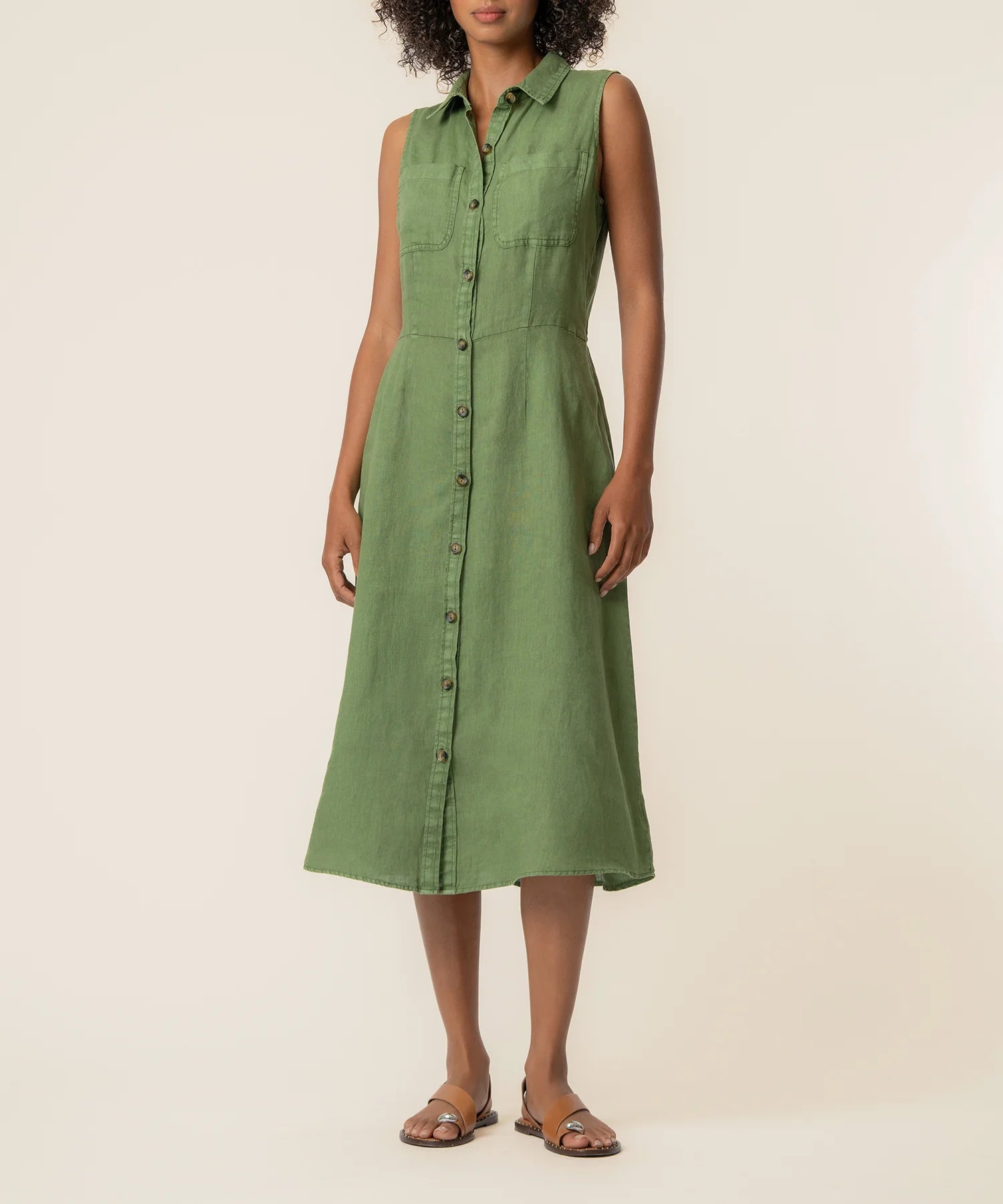 sleeveless button down midi dress Olive Bowie Button Down Sleeveless Dress