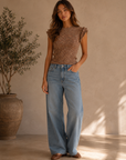 Brown Rowe Crewneck Flutter Sleeve Knit Top