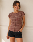Burgundy Plaid Button Down Puff Contoured Waist Top