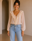 Soft Blush Meringue Ruffle Woven Top