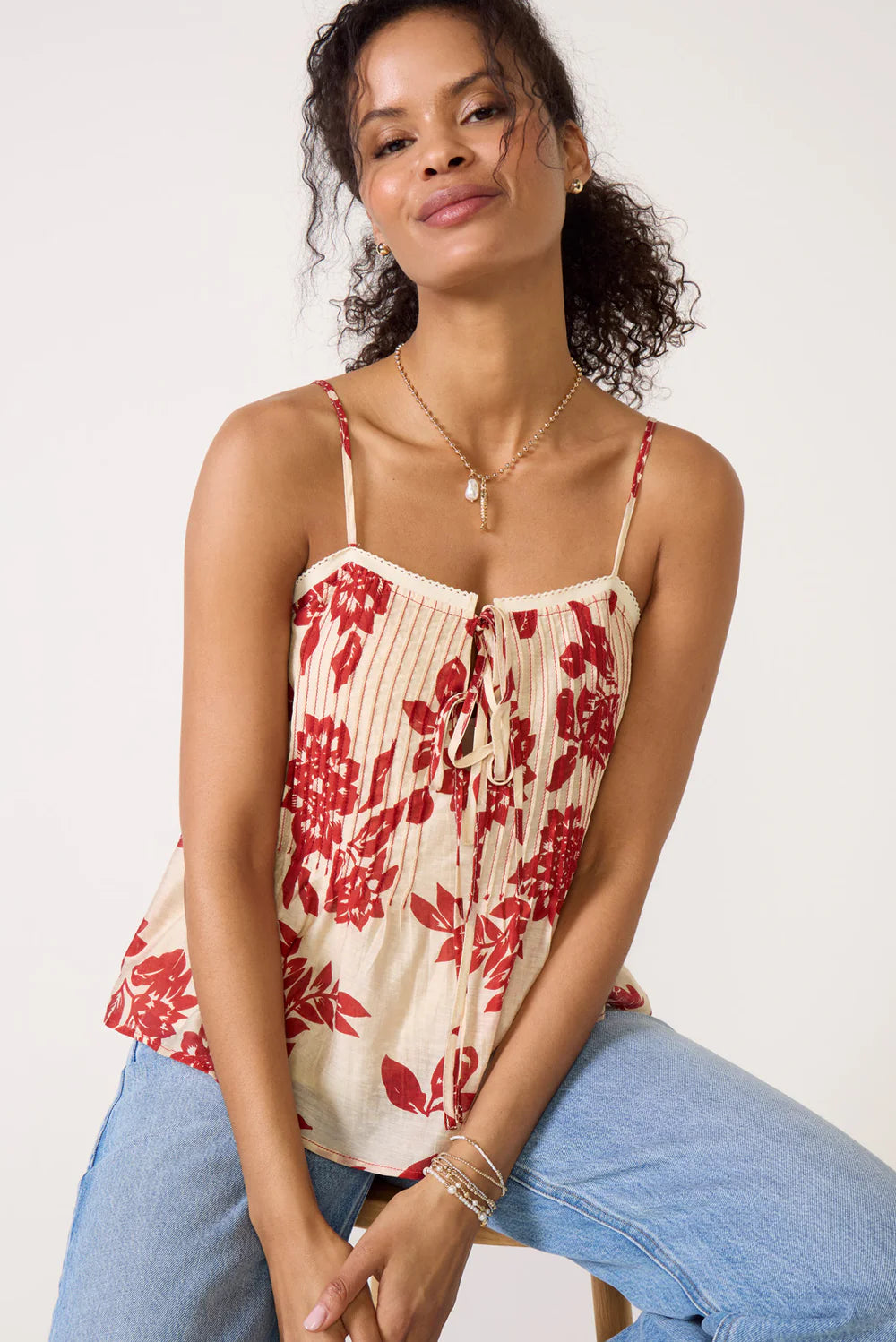 Cream &amp; Red Riley Tie Top