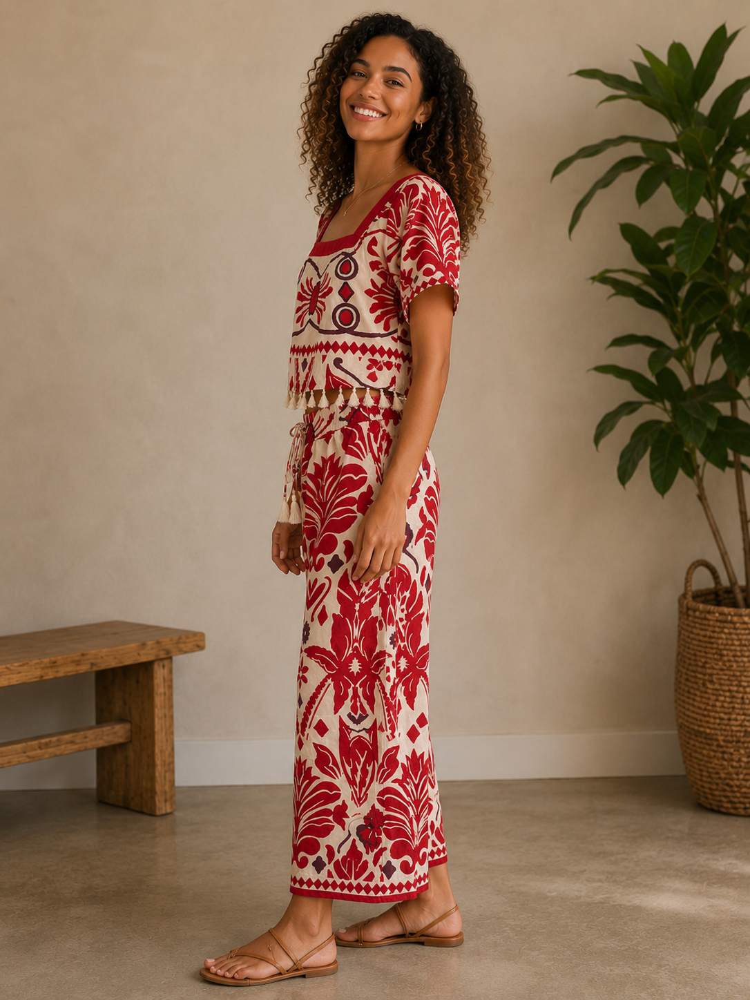 Ivory &amp; Red Tropical Fringe Top