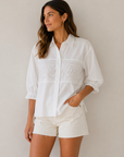 White Eyelet Lace Panel Button Blouse