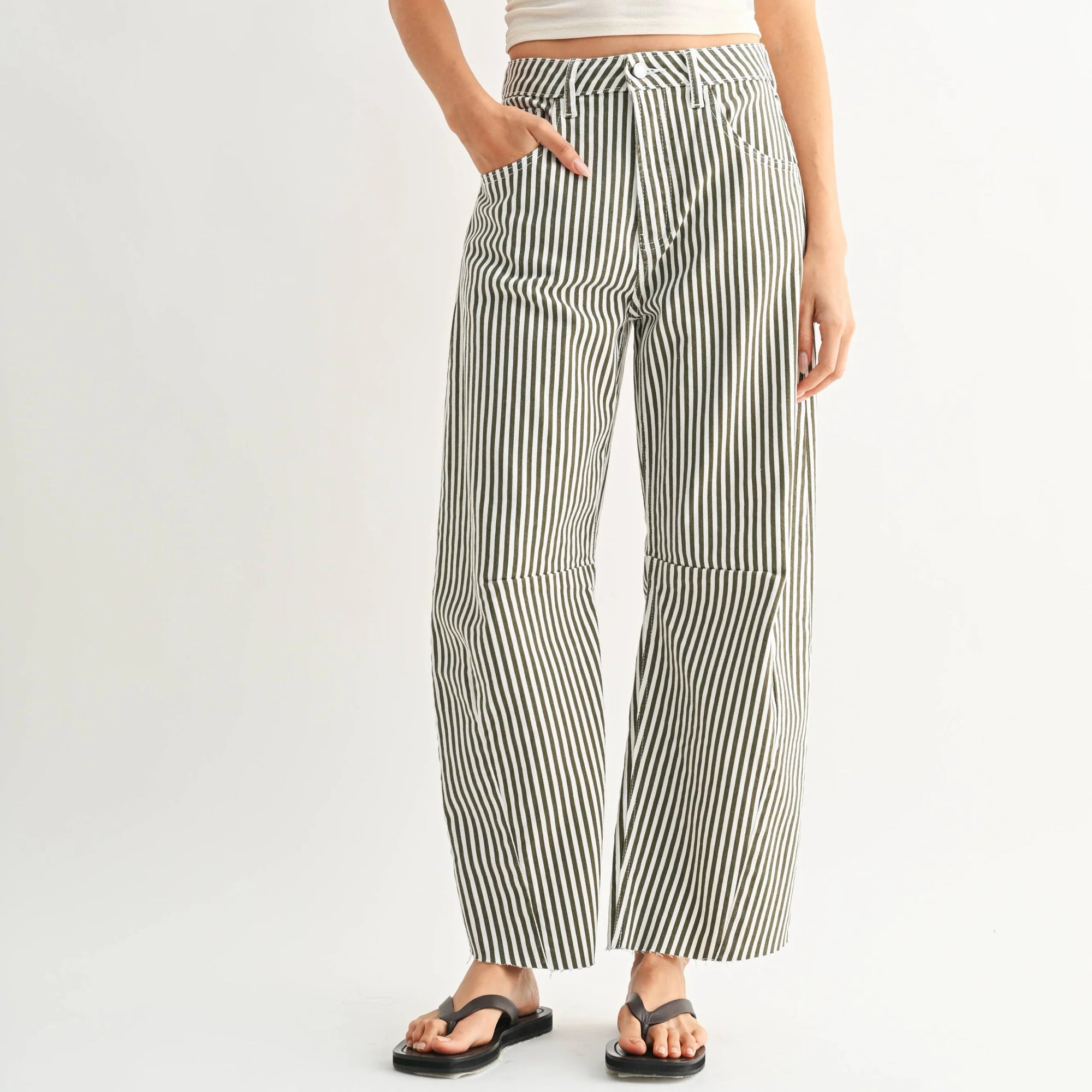 Olive Stripe Barrel Jean With Seams - BP473J