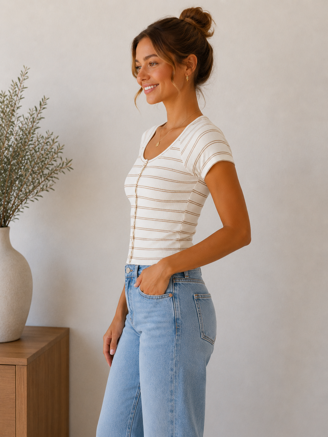 Taupe &amp; White Adina Top