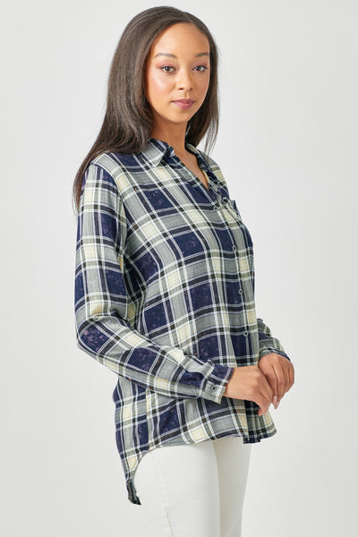 Navy Stella Washed Plaid Top - 55720