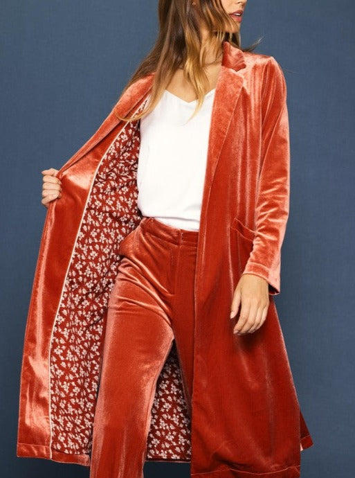 Terracotta Velvet Duster Coat