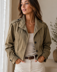 Dark Olive High Neck Pleated Twill Woven Jacket