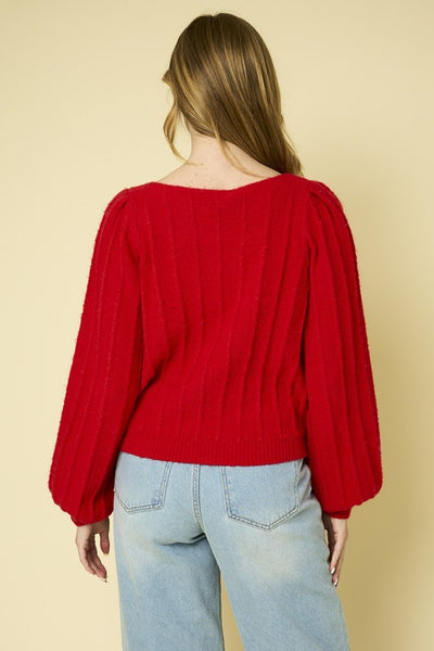 Red Ribbed Pointelle Sweater