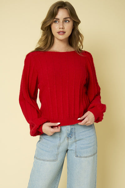 Red Ribbed Pointelle Sweater