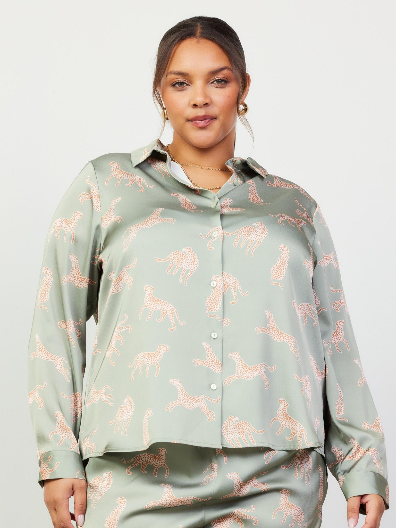 Sage Animal Print Satin Button Up (PLUS: 1X-3X)