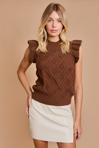 Brown Mock Neck Ruffle Sleeve Cable Tank