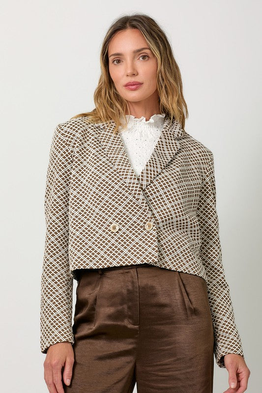 Ivory & Toffee Knit Jacquard Cropped Jacket