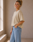 Oatmeal Raw Edge Sweater Knit Top