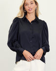 Black Recycled Three Quarter Sleeve Button Up