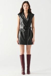 Black Faux Leather Cross Over Belt Dress