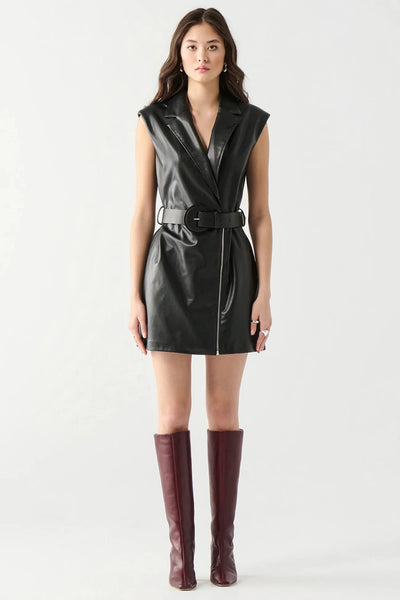 Black Faux Leather Cross Over Belt Dress