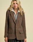 Brown Checkered Pattern Hoodie Blazer