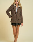 Brown Checkered Pattern Hoodie Blazer