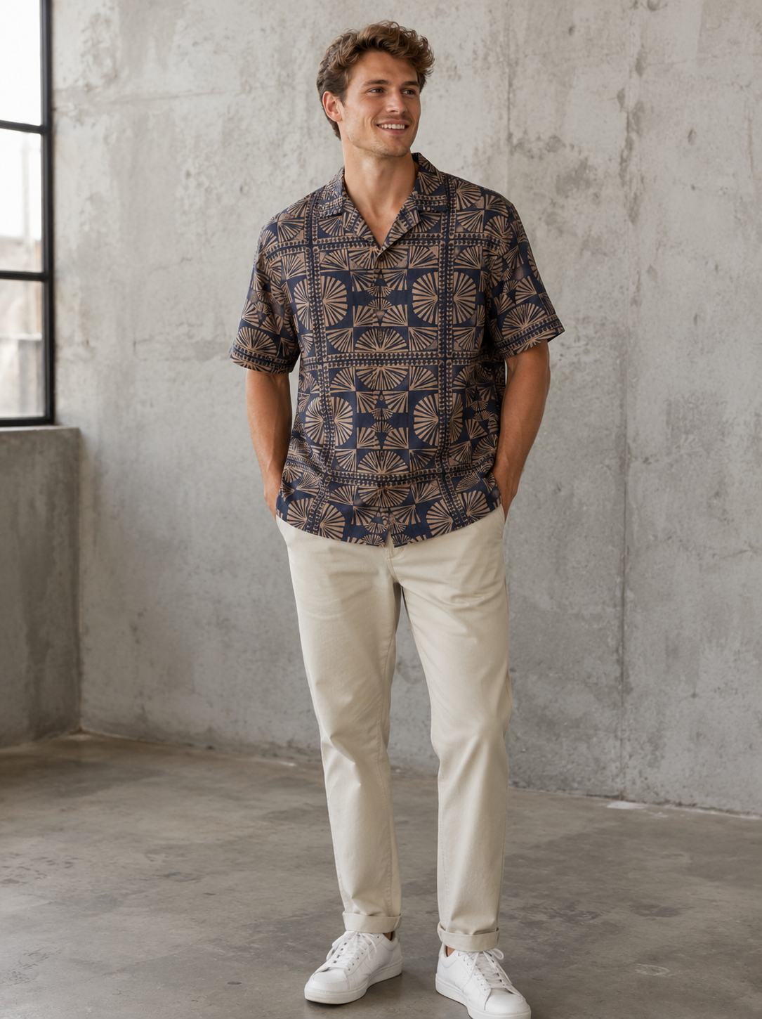 Brown &amp; Navy Pablo Tencel Fan Linen Resort Shirt
