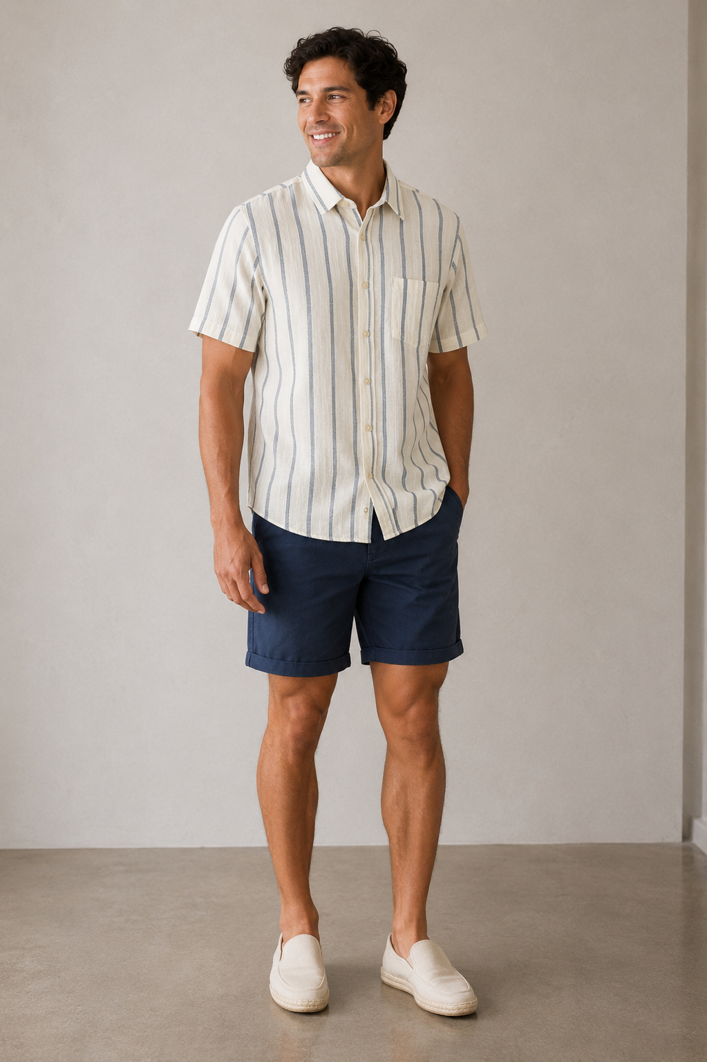 Natural &amp; Navy Stripe Classic Stretch Selvage Shirt