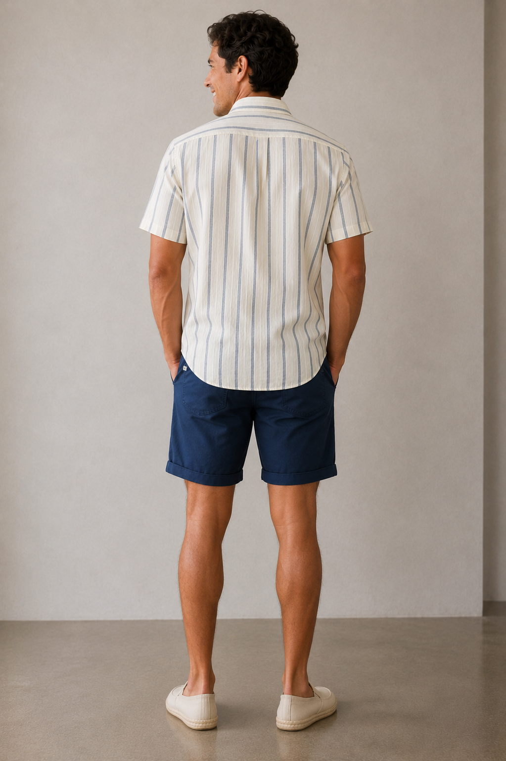 Natural &amp; Navy Stripe Classic Stretch Selvage Shirt