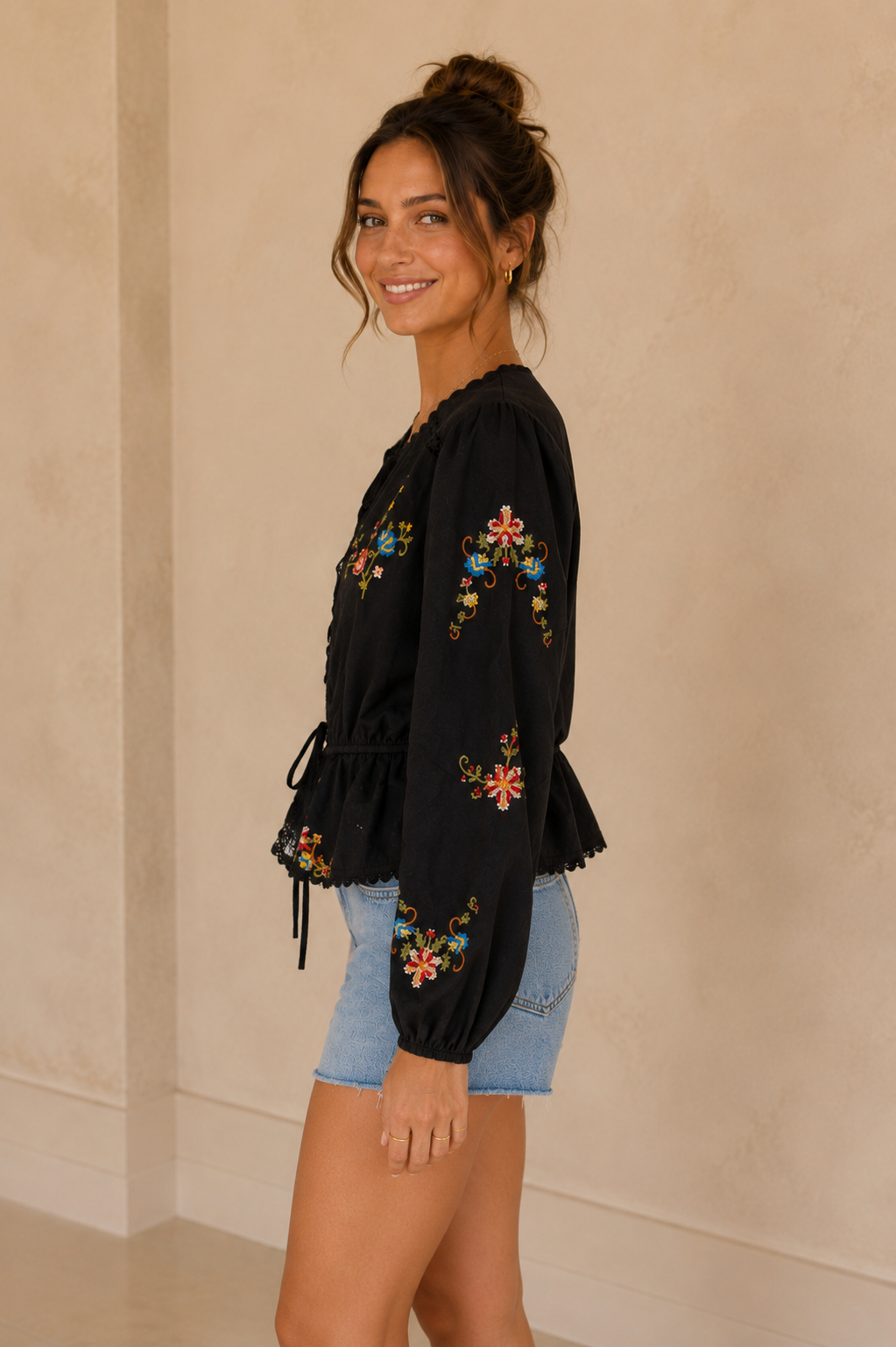 Black Floral Embroidery Crochet Lace Top