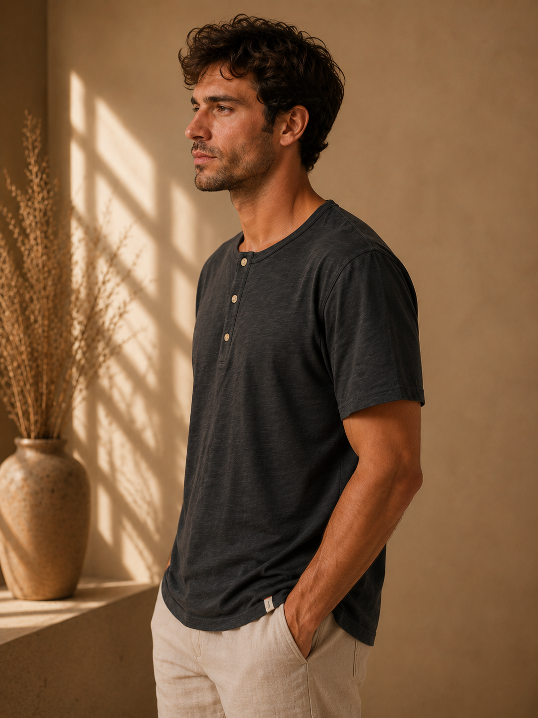 Black Vintage Slub Henley