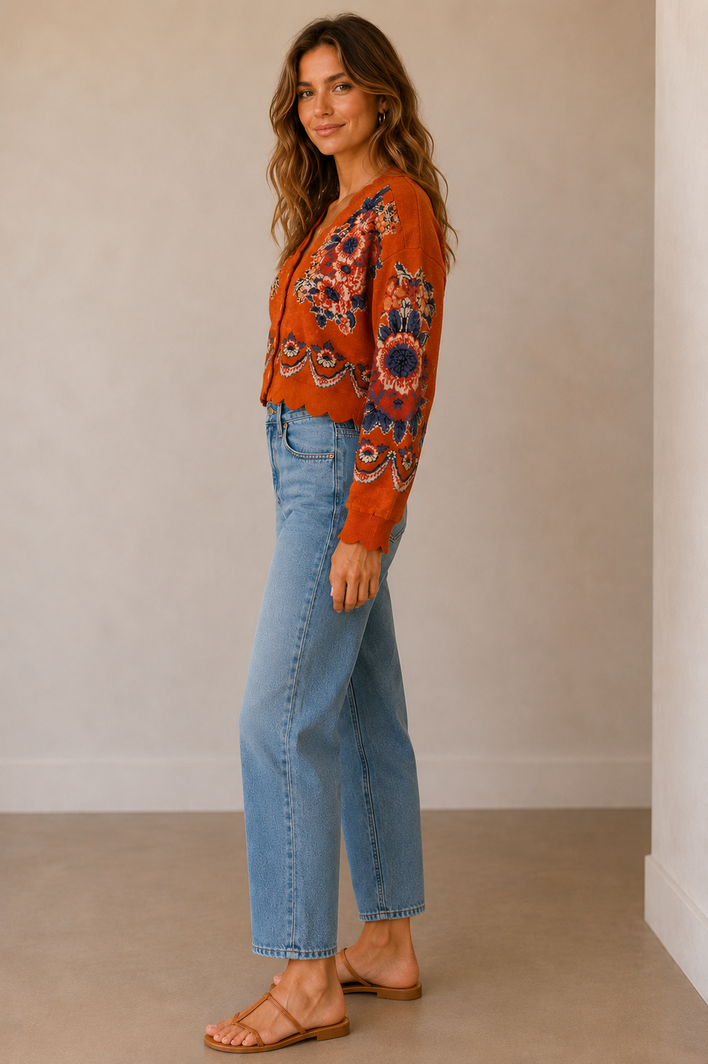 Victorian Floral Terracotta Knit Cardigan