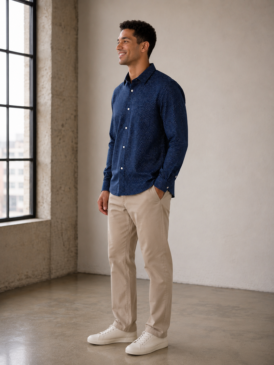Midnight Navy Crest Dot Leeward LS Dress Shirt