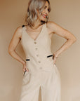 Taupe Contrast Piping Button Down Linen Vest