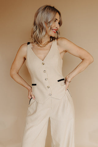 Taupe Contrast Piping Button Down Linen Vest