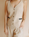 Taupe Contrast Piping Button Down Linen Vest