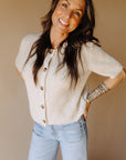 Beige Melange Loose Button Up Cardigan
