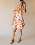White & Orange Poppy Blooms Mini Dress
