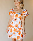 White & Orange Poppy Blooms Mini Dress